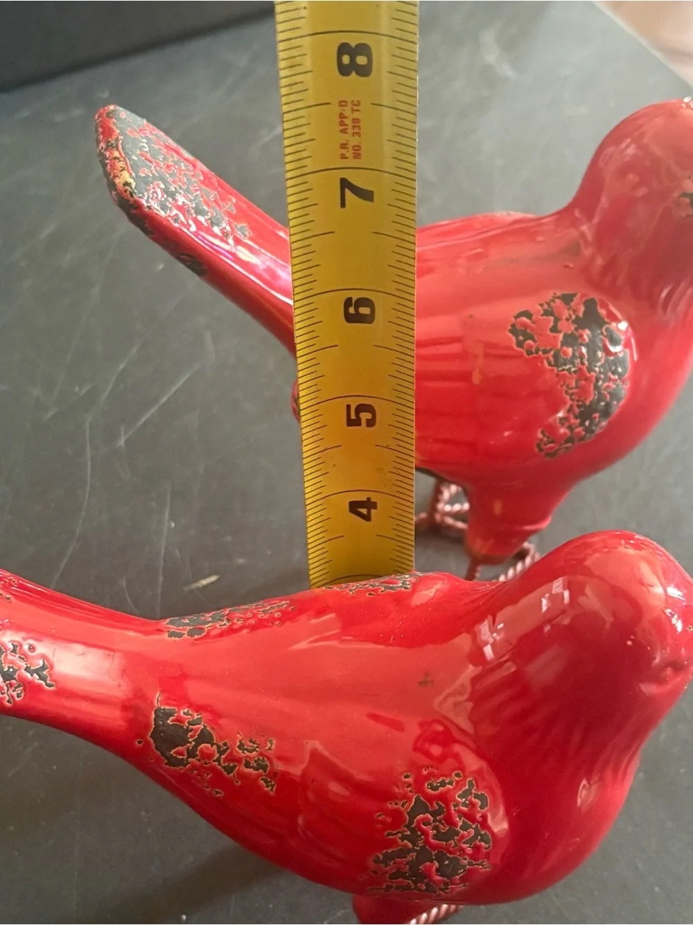 Distressed ceramic red/black bird figurines wire feet pair rustic farmhouse